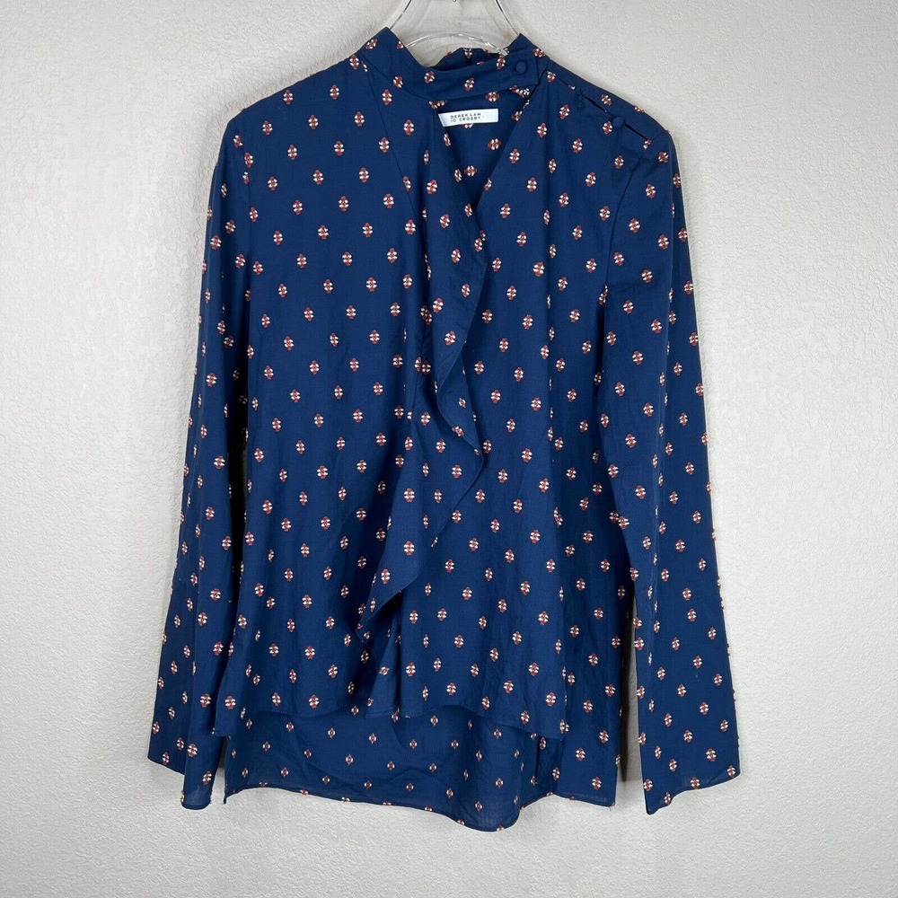 Derek Lam 10 Crosby Blouse Top Navy Ruffle Front Long Sleeve Embroidered Cotton